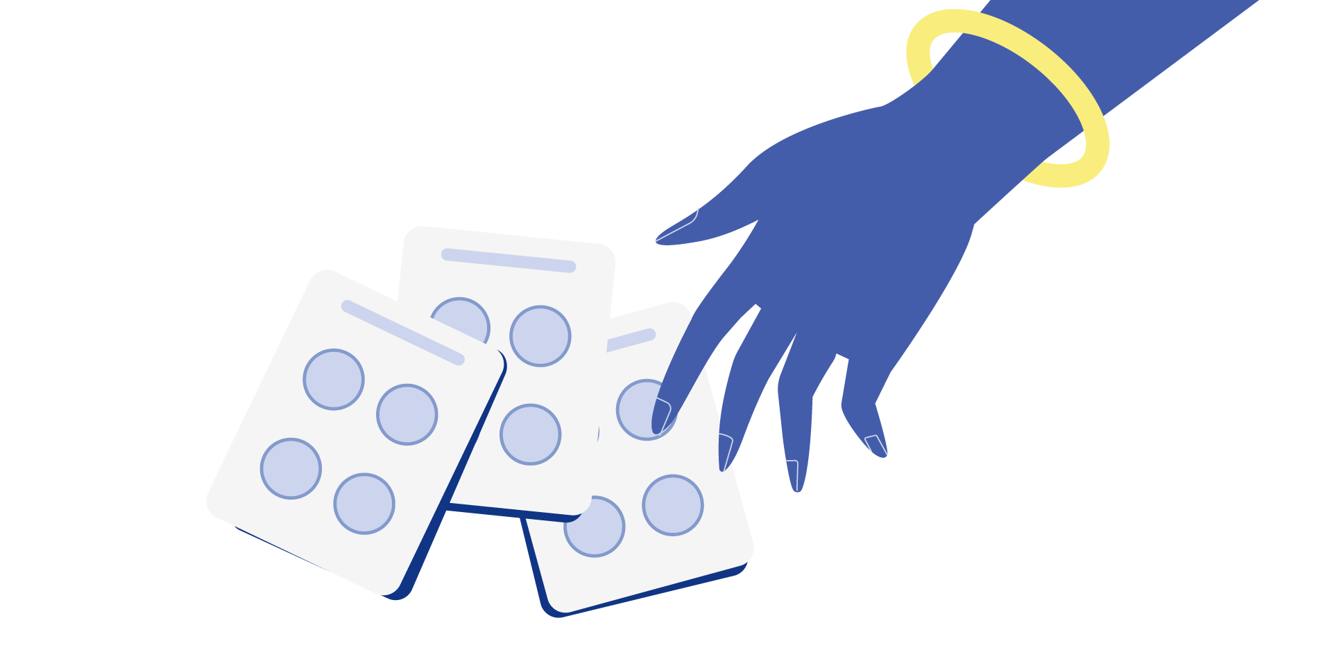 A blue hand with yellow bangles reaches for several packs of tablets or pills, depicted with a minimalist style against a black background.