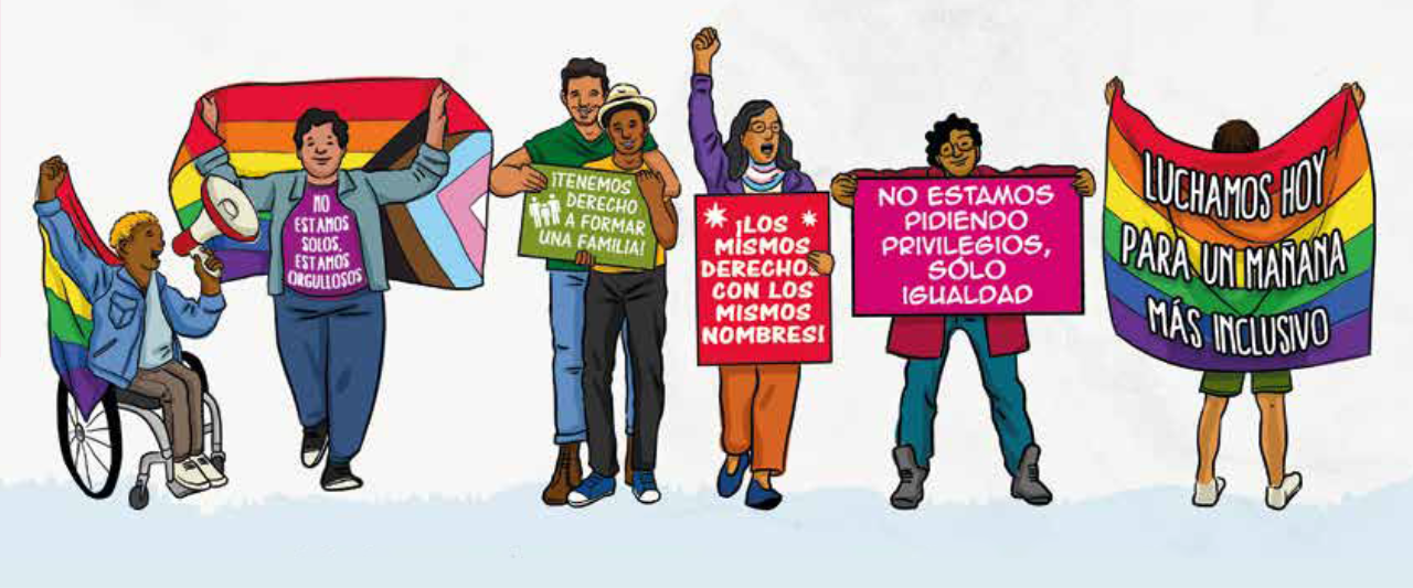 An illustration of a diverse group of people holding rainbow flags and signs advocating for LGBTQ+ rights in Spanish. The group includes an LGBTQ+ person in a wheelchair, another with a child on their shoulders, and others holding signs that call for equality and inclusivity.