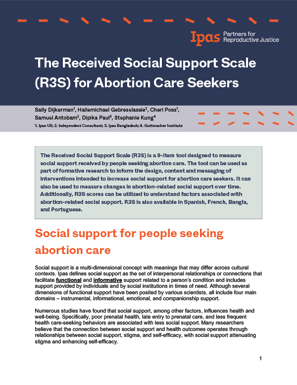 An image of a document titled "The Received Social Support Scale (R3S) for Abortion Care Seekers" by Ipas. The document describes a 9-item tool measuring social support for people seeking abortion care, with information on its use, design, and language availability.