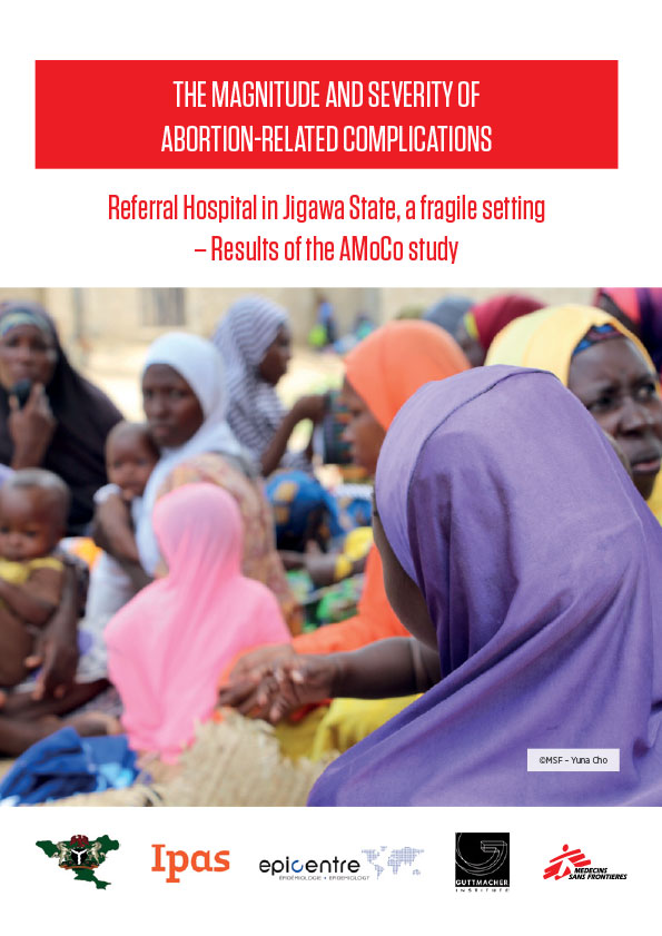 A group of women and children gather in a hospital setting. The text reads, "The Magnitude and Severity of Abortion-Related Complications: Referral Hospital in Jigawa State, a fragile setting – Results of the AMoCo study." The image features logos of various organizations.