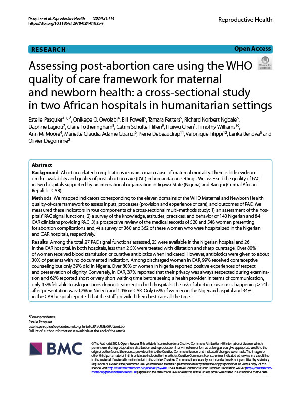 Research article titled "Assessing post-abortion care using the WHO quality of care framework for maternal and newborn health: a cross-sectional study in two African hospitals in humanitarian settings" from BMC's Reproductive Health journal, with an abstract and author list.