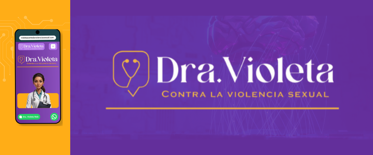 A purple banner displaying the text "Dra. Violeta Contra la Violencia Sexual" features a logo with a stethoscope forming a speech bubble. The app interface on a smartphone showcases a doctor and WhatsApp icon, branded as "Dra. Violeta," promoting her vital mission against sexual violence in Bolivia.