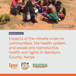 A group of individuals sit in a circle outdoors, engaging in discussion. The image, titled "Impacts of the climate crisis on communities" from a research brief, includes logos of Ipas Africa Alliance and other organizations at the bottom.