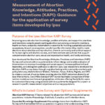 Flyer titled "Measurement of Abortion Knowledge, Attitudes, Practices, and Intentions (KAPI): Guidance for the application of survey items developed by Ipas." It includes sections on the survey's purpose and components.