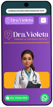 A smartphone screen displays a website for "Dra. Violeta Contra la Violencia Sexual." It features a drawing of a female doctor with a stethoscope on a purple and orange background, and includes contact icons and a web link at the bottom.