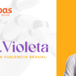 Illustration of a woman in a doctor's coat with the text "Dra. Violeta" and "Contra la violencia sexual" alongside the logo for Ipas Bolivia. Background features a robotic hand on the left and an orange section on the right.