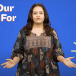 A woman stands against a blue background, wearing a patterned dress. Text reads "Raise Our Voices For Choice" in bold, highlighting the importance of sharing abortion opinions. A megaphone graphic on the right symbolizes this call to action.