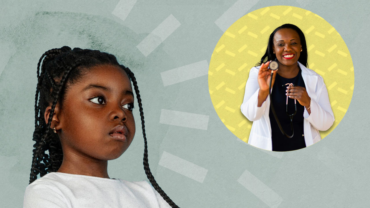 A young girl with braided hair looks to the side against a green background. To the right, an inset shows a smiling healthcare professional in a white coat holding a stethoscope against a yellow patterned backdrop.