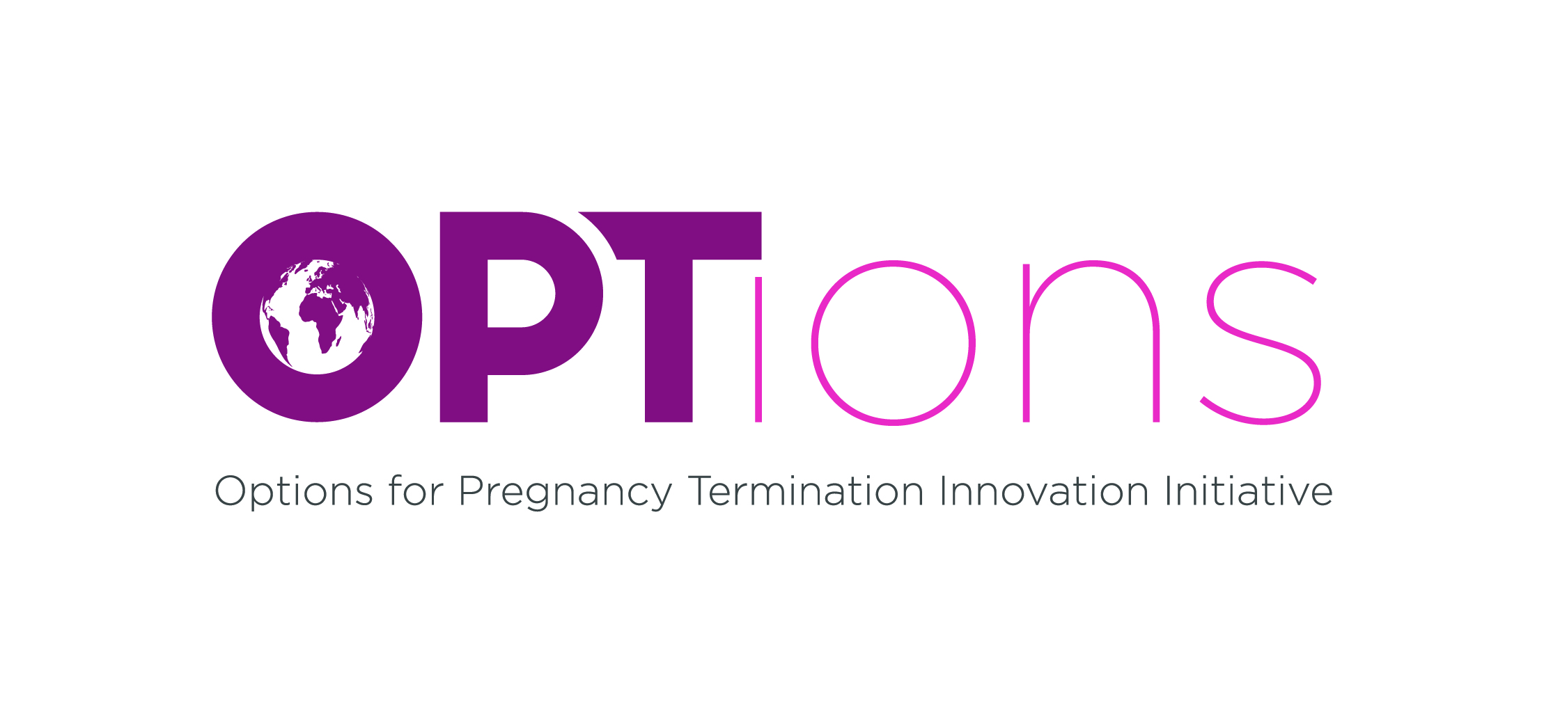 Logo with the text "OPTIons" in purple and pink. The "O" includes a globe design. Below, it reads "Options for Pregnancy Termination Innovation Initiative" in smaller text. The background is white.