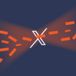 A dark blue background features an abstract design with orange rectangular shapes scattered across the image. A central white "X" logo is intersected by one of the orange rectangles, creating a sense of movement and interaction.