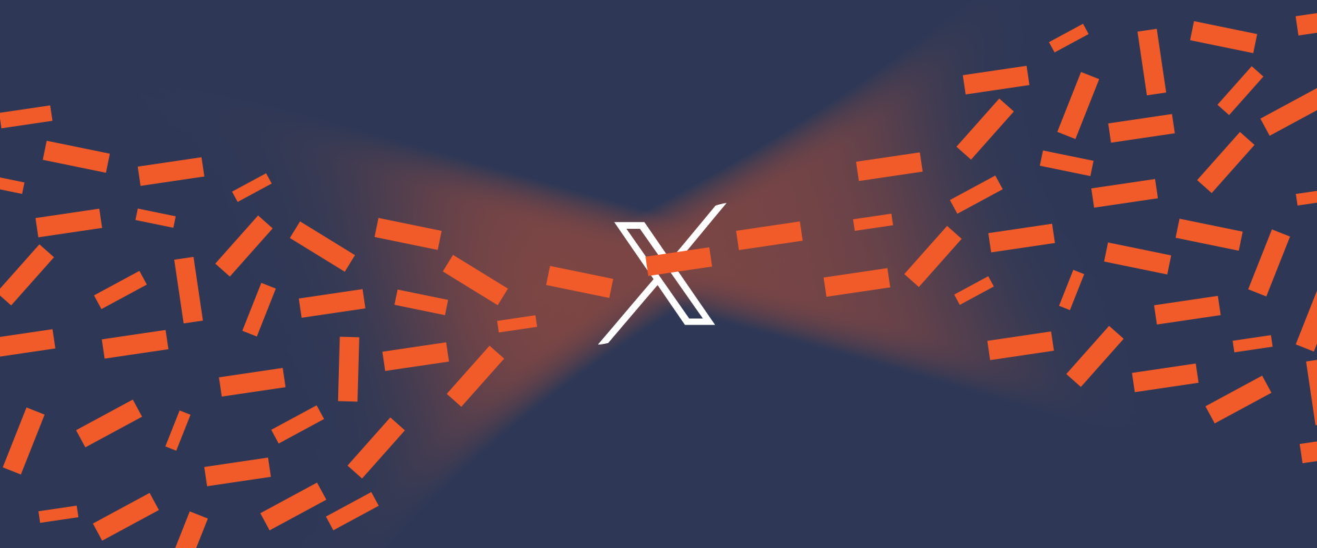 A dark blue background features an abstract design with orange rectangular shapes scattered across the image. A central white "X" is intersected by one of the orange rectangles, creating a sense of movement and interaction.